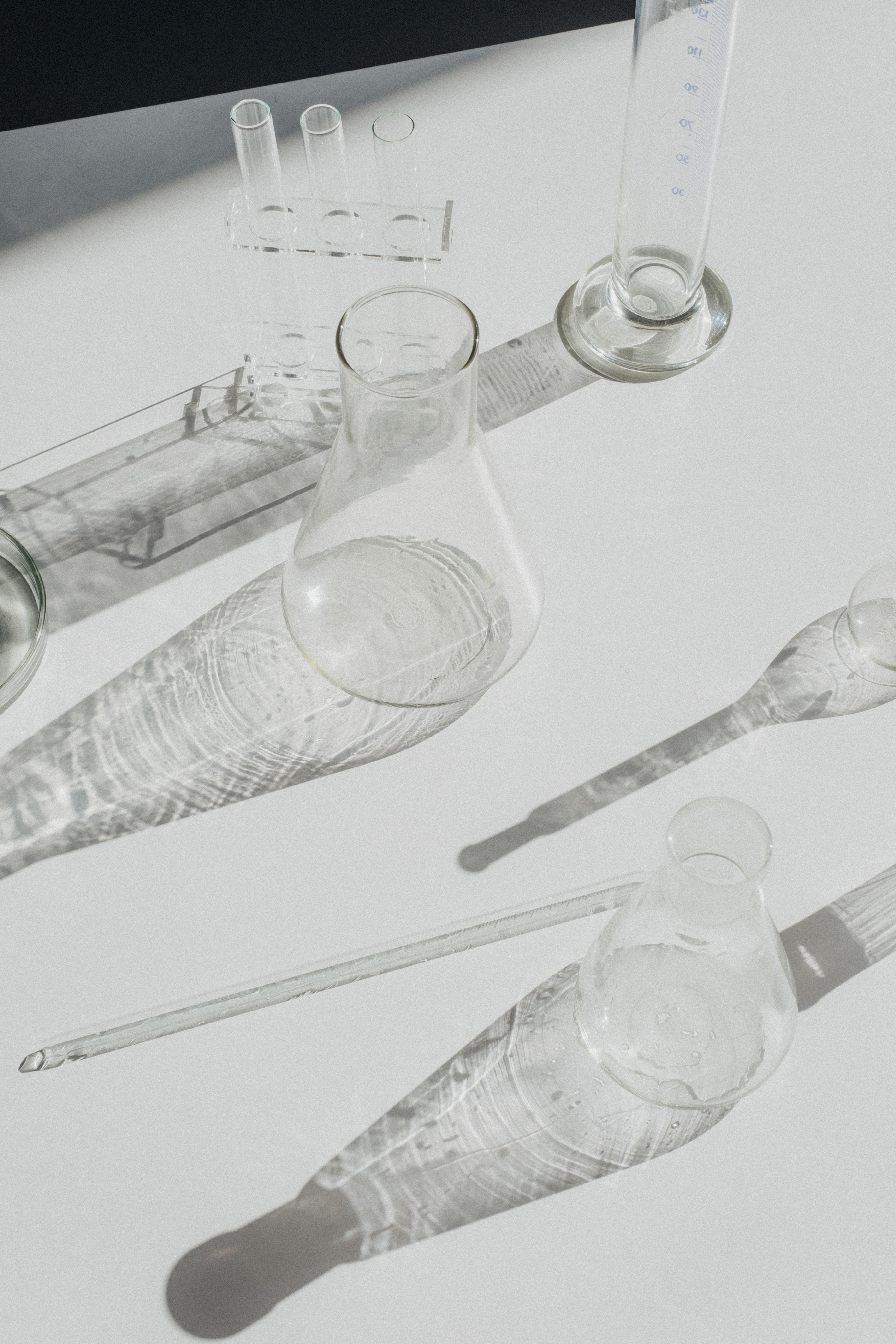 A collection of hand-blown borosilicate vessels in varying heights — minimalist forms with clean optical clarity